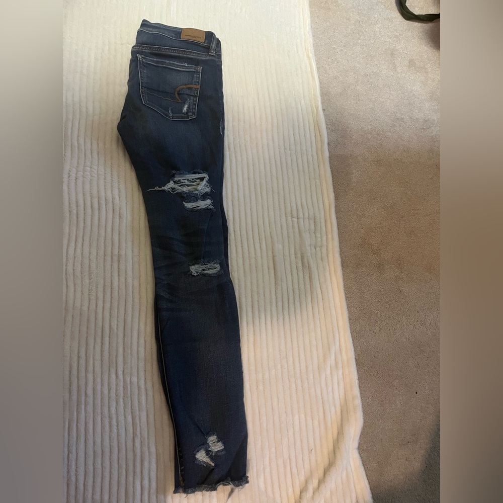 AE Next Level Stretch 4R RippedDark Blue Distressed Women's Jeans - Picture 4 of 9